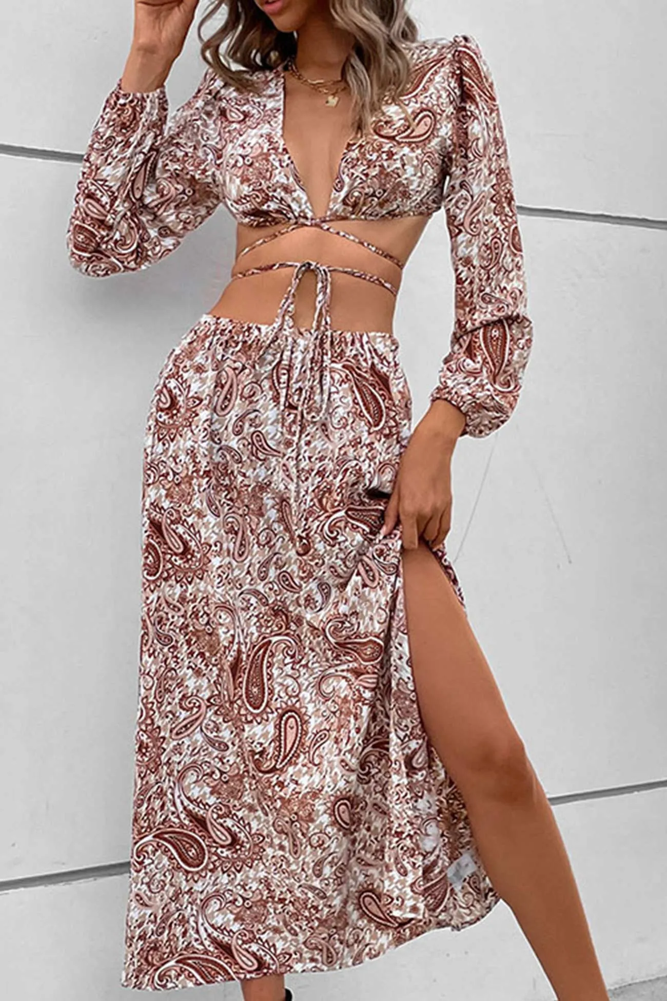 Joskaa Floral Print Tie-up Crop Top Slit Midi Skirt Suits